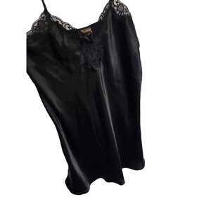 Vintage 80s Black Satin Lace Trim Camisole Slip Dress Nightgown Lingerie Women's